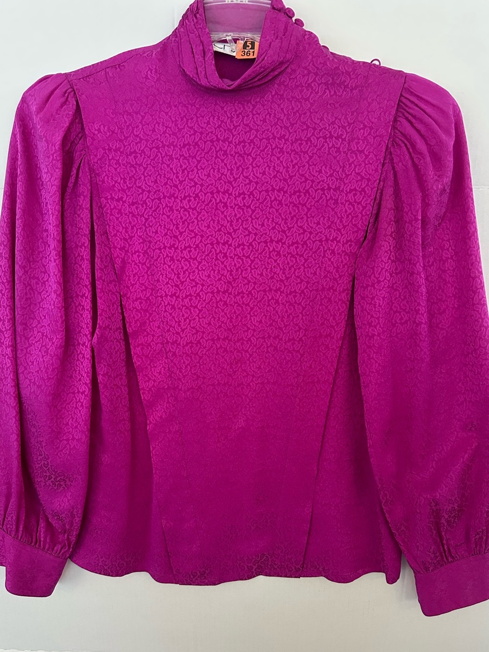 Chaus Fuchsia Mock Neck Puff Sleeve Silk Blouse
